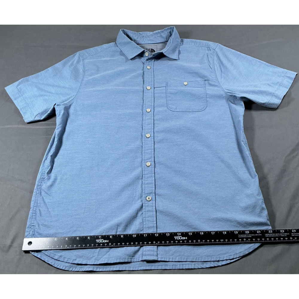 The North Face Mens Blue Micro Stripe Short Sleeve Button Down Shirt Large L - Picture 2 of 10
